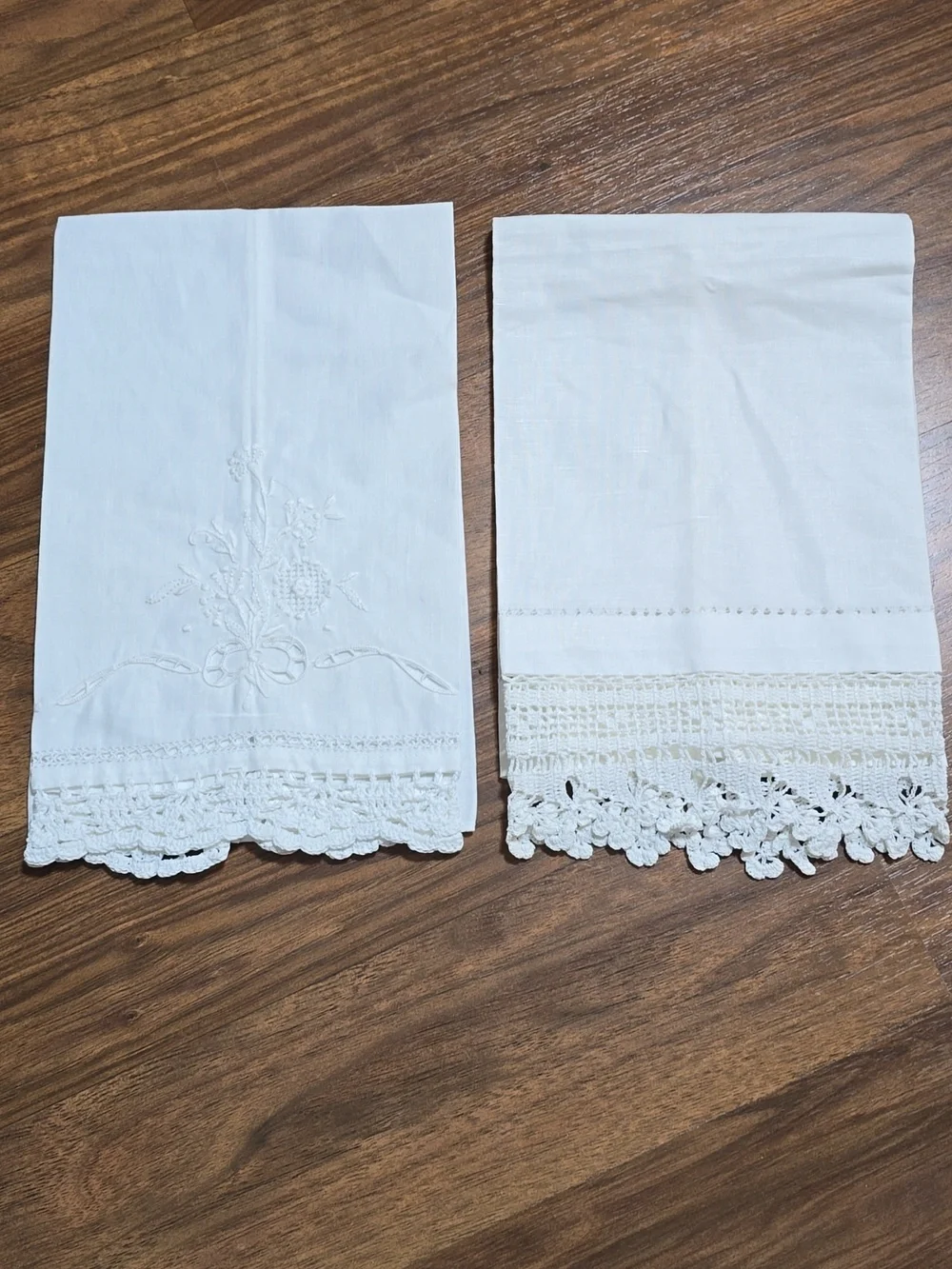 Pair Of Linen Embroidered Crochet Tea Towels